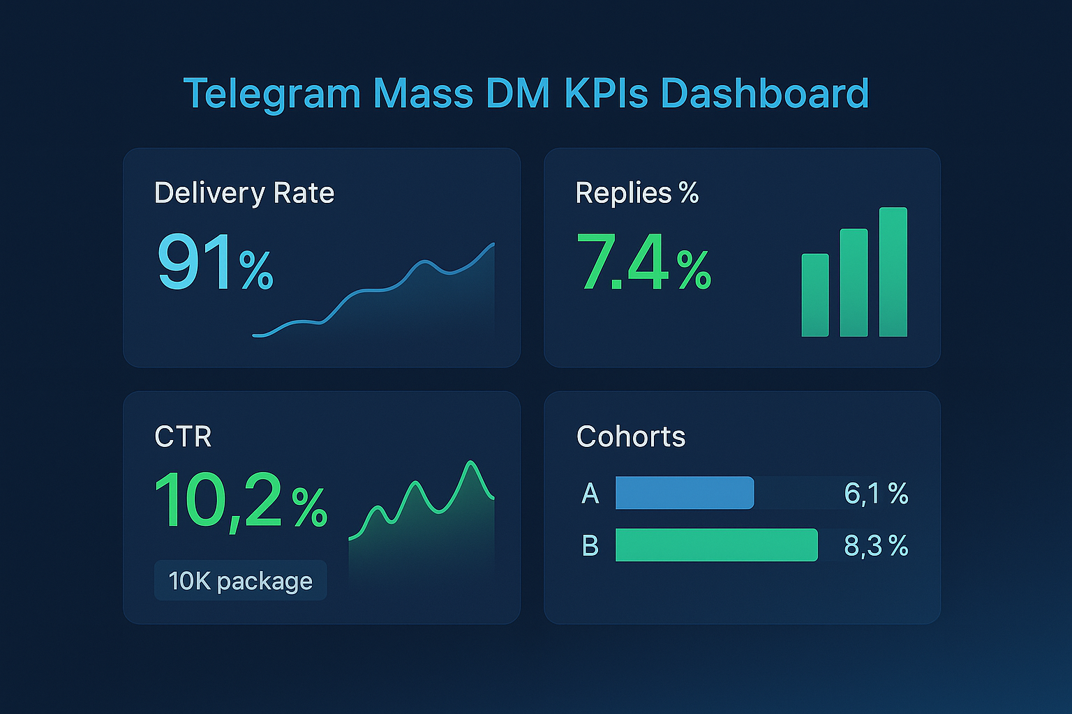 Telegram mass DM KPIs dashboard showing delivery rate, reply rate, click-through rate, and cohort performance