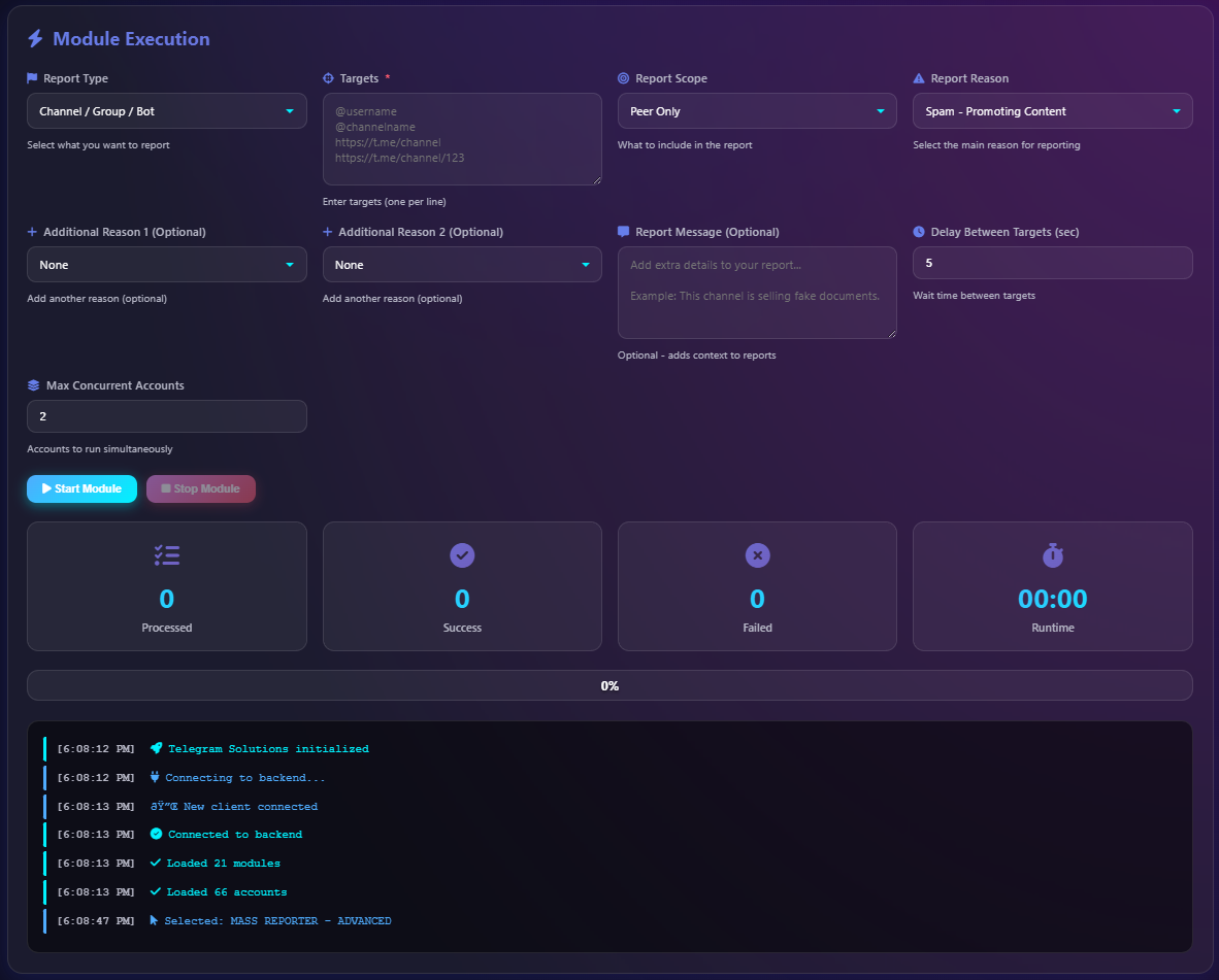 Telegram mass reporting software feature overview showing multi-account support and report categories