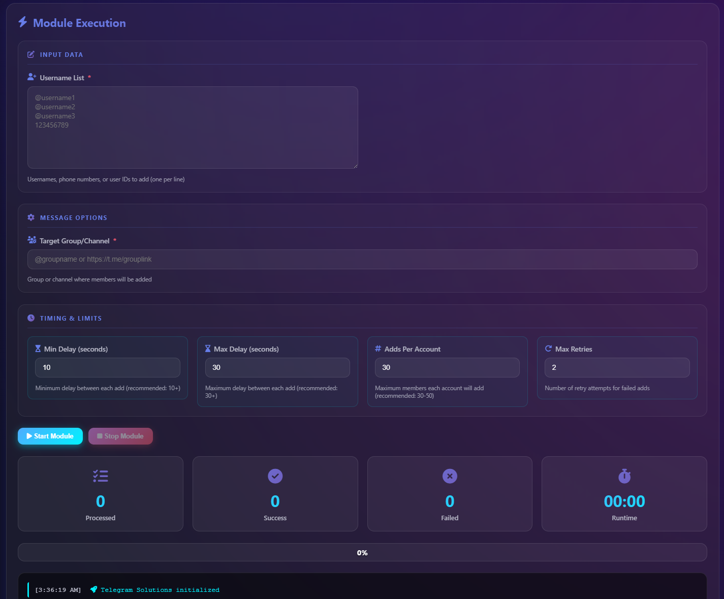 Telegram invite member bot interface displaying member management and invite automation controls