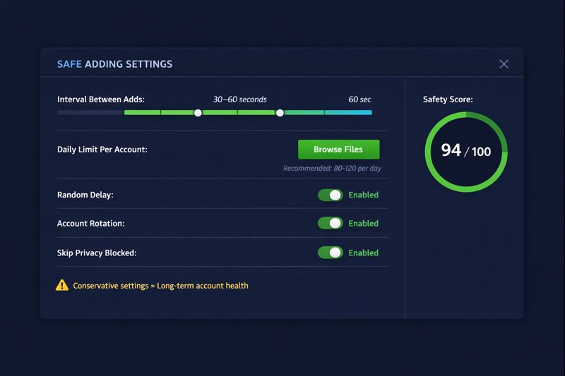 Safety settings panel in telegram auto add member software showing delay intervals and daily limits