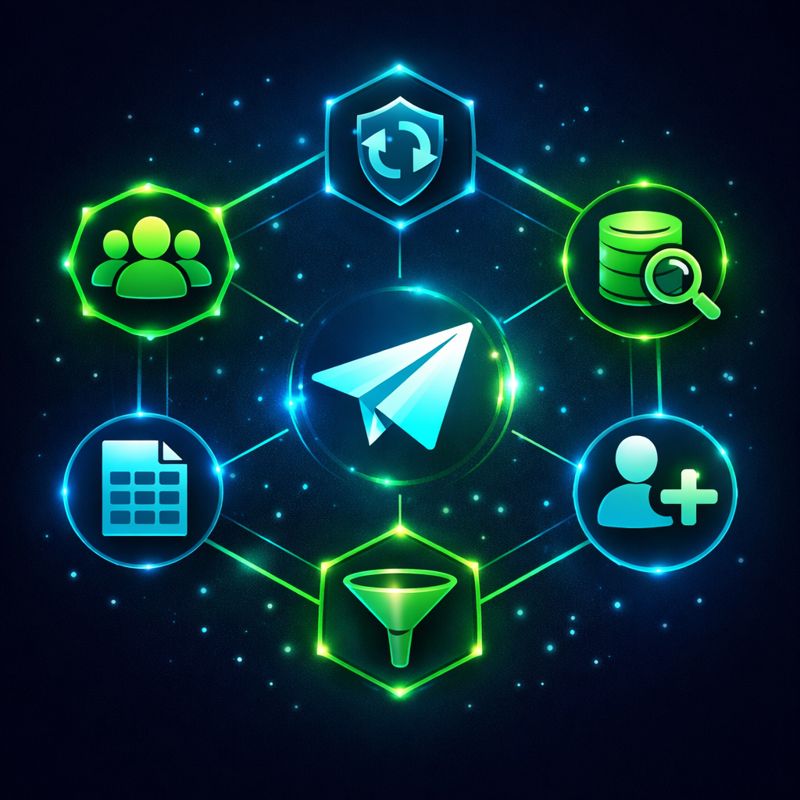 Telegram member adder software feature overview showing scraping, filtering, and multi-account rotation capabilities