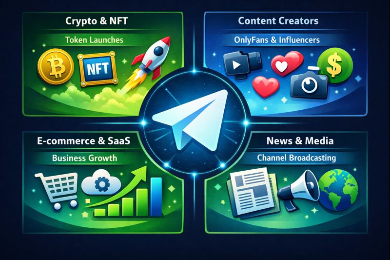 Telegram member adder use cases showing group and channel growth strategies for different business types