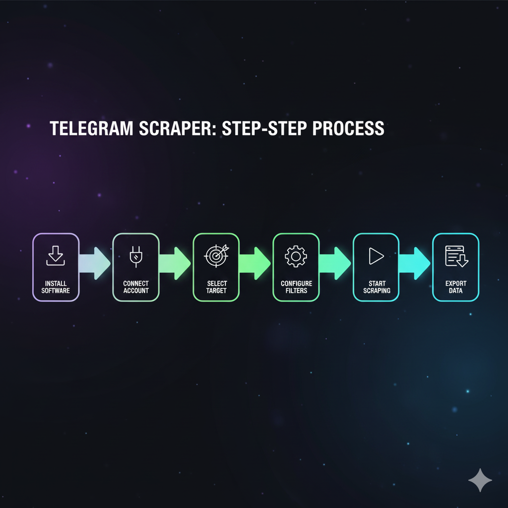 Step-by-step Telegram scraper workflow showing authentication, group selection, extraction, and export stages
