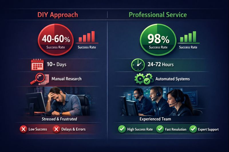 Comparison chart of manual website takedown versus automated takedown solutions on speed, cost, and success rate