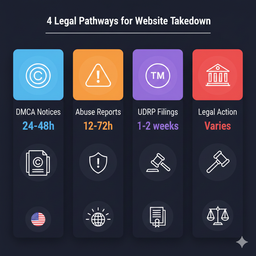 Legal methods for website takedown compared — DMCA, trademark, UDRP, fraud reporting, and abuse policy
